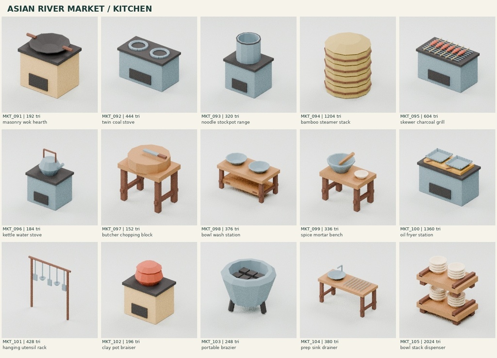 【ローポリ3Dモデル150点】アジアの川辺市場・屋台・店先・陳列・商い舟セット Asian Market Pack 150|BLEND・FBX・GLB同梱