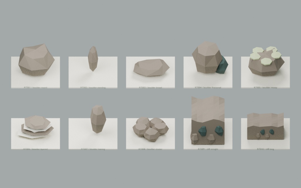 【ローポリ3Dモデル110点】アジア庭園の松・竹・桜・苔・盆栽60+岩・崖・地形50 Asian Garden / Stone & Stream|BLEND・FBX・GLB同梱