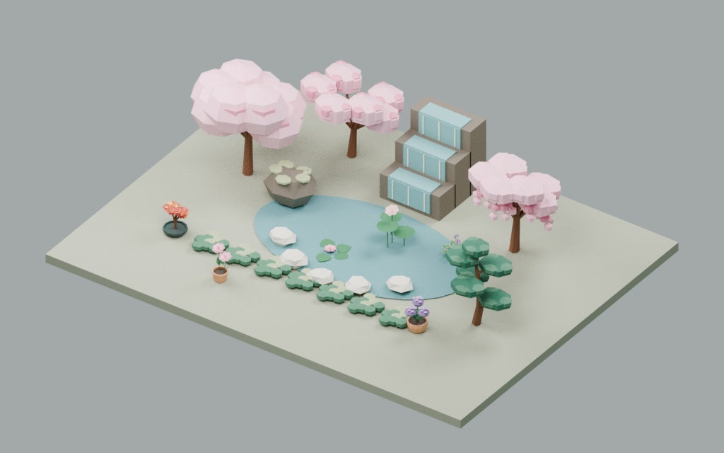 【ローポリ3Dモデル110点】アジア庭園の松・竹・桜・苔・盆栽60＋岩・崖・地形50 Asian Garden / Stone & Stream｜BLEND・FBX・GLB同梱