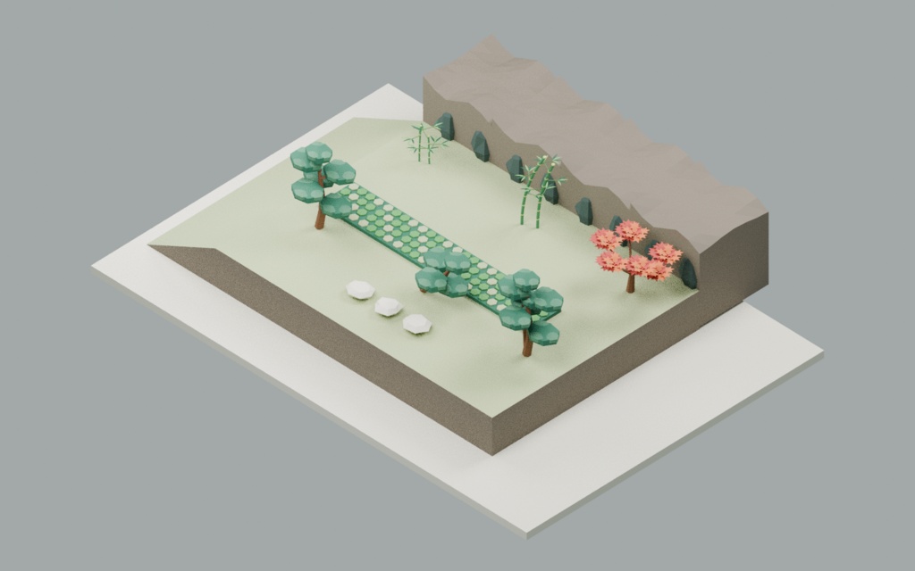 【ローポリ3Dモデル110点】アジア庭園の松・竹・桜・苔・盆栽60+岩・崖・地形50 Asian Garden / Stone & Stream|BLEND・FBX・GLB同梱