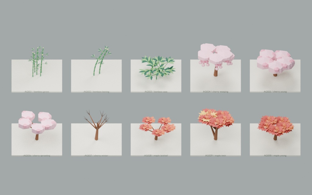 【ローポリ3Dモデル110点】アジア庭園の松・竹・桜・苔・盆栽60+岩・崖・地形50 Asian Garden / Stone & Stream|BLEND・FBX・GLB同梱