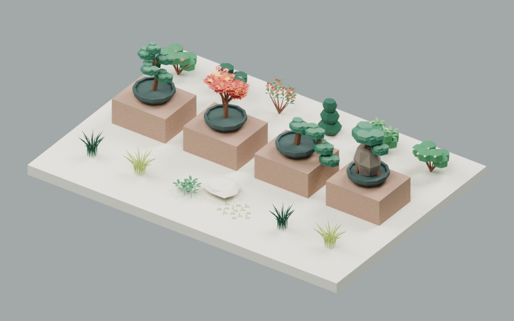 【ローポリ3Dモデル110点】アジア庭園の松・竹・桜・苔・盆栽60+岩・崖・地形50 Asian Garden / Stone & Stream|BLEND・FBX・GLB同梱