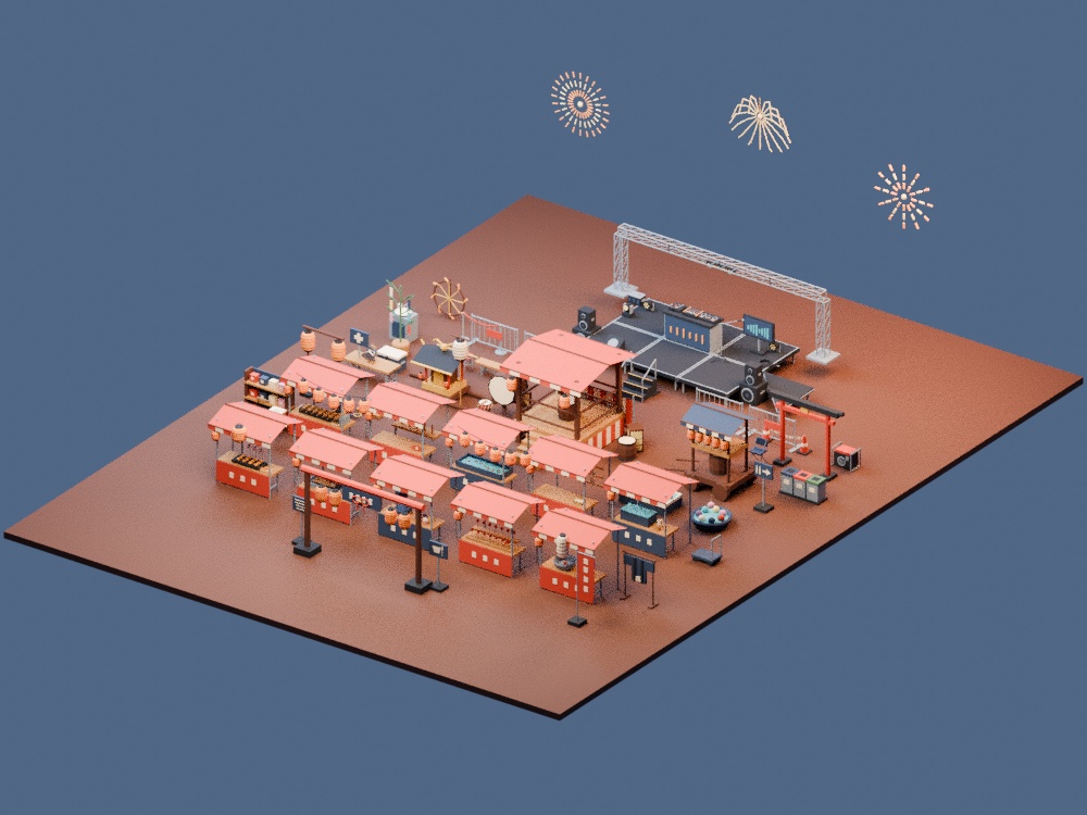 【ローポリ3Dモデル100点】夏祭り屋台・神輿・提灯80+ライブステージ20 Japanese Summer Festival + Live Stage|BLEND・FBX・GLB同梱