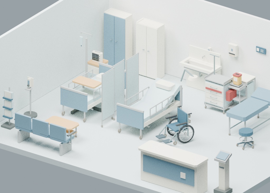 【ローポリ3Dモデル160点】オフィス家具・PC・文具80+病院・クリニック機器80 Office 80 / Hospital & Clinic 80|BLEND・FBX・GLB同梱