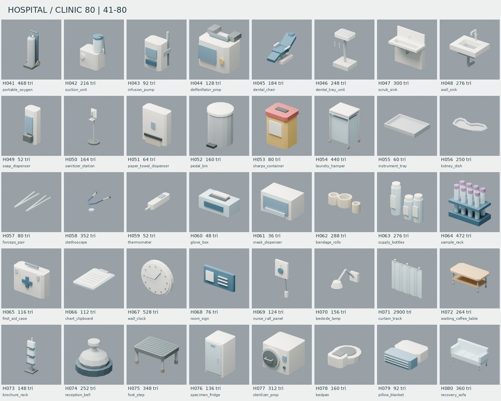 【ローポリ3Dモデル160点】オフィス家具・PC・文具80+病院・クリニック機器80 Office 80 / Hospital & Clinic 80|BLEND・FBX・GLB同梱