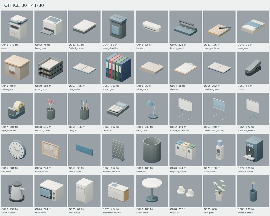 【ローポリ3Dモデル160点】オフィス家具・PC・文具80+病院・クリニック機器80 Office 80 / Hospital & Clinic 80|BLEND・FBX・GLB同梱