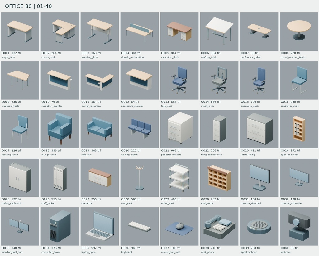 【ローポリ3Dモデル160点】オフィス家具・PC・文具80+病院・クリニック機器80 Office 80 / Hospital & Clinic 80|BLEND・FBX・GLB同梱