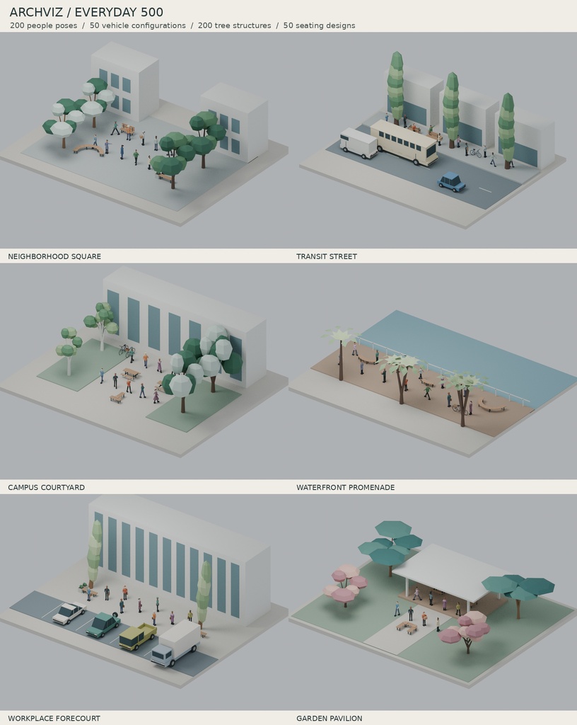 【ローポリ3Dモデル500点】建築プレゼン用点景 人物200・樹木200・車両50・ベンチ50 ARCHVIZ / EVERYDAY 500｜BLEND・FBX・GLB同梱