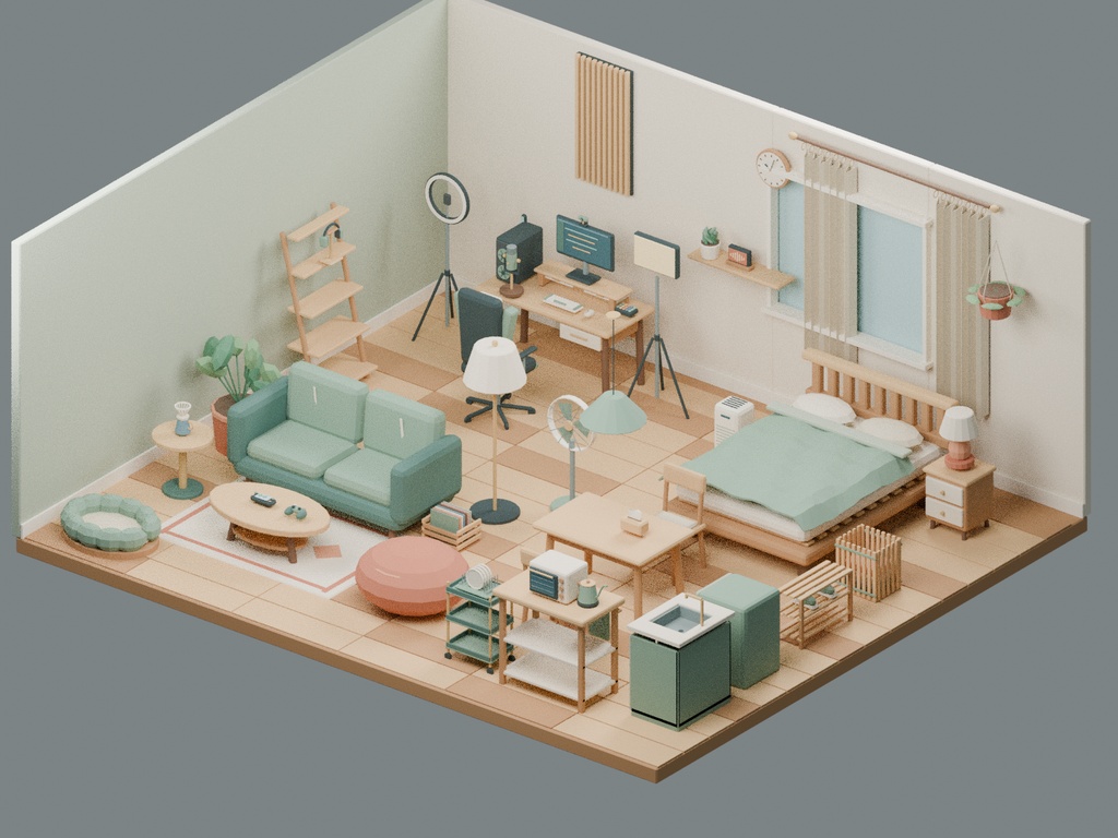 【ローポリ3Dモデル100点】家具・配信機材 Cozy Room 配信デスク/ワンルーム背景の配置シーン6種付き KOMOREBI|BLEND・FBX・GLB同梱