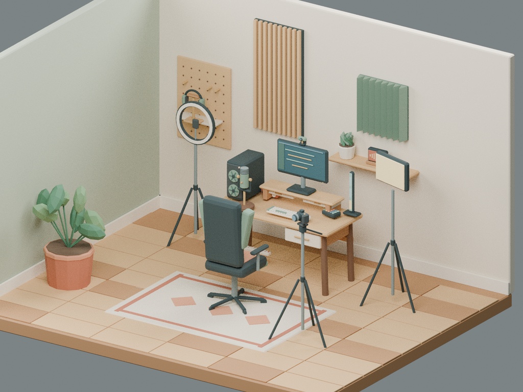 【ローポリ3Dモデル100点】家具・配信機材 Cozy Room 配信デスク/ワンルーム背景の配置シーン6種付き KOMOREBI|BLEND・FBX・GLB同梱