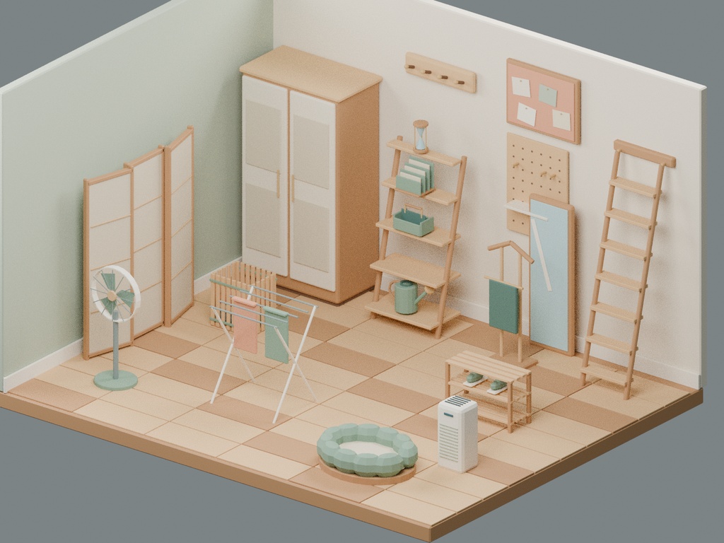 【ローポリ3Dモデル100点】家具・配信機材 Cozy Room 配信デスク/ワンルーム背景の配置シーン6種付き KOMOREBI|BLEND・FBX・GLB同梱