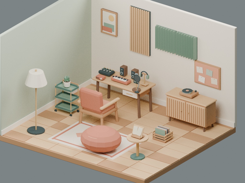 【ローポリ3Dモデル100点】家具・配信機材 Cozy Room 配信デスク/ワンルーム背景の配置シーン6種付き KOMOREBI|BLEND・FBX・GLB同梱