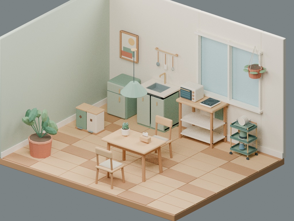 【ローポリ3Dモデル100点】家具・配信機材 Cozy Room 配信デスク/ワンルーム背景の配置シーン6種付き KOMOREBI|BLEND・FBX・GLB同梱