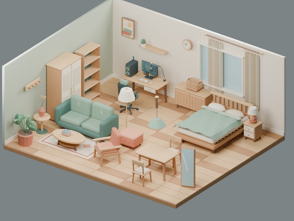【ローポリ3Dモデル100点】家具・配信機材 Cozy Room 配信デスク/ワンルーム背景の配置シーン6種付き KOMOREBI|BLEND・FBX・GLB同梱