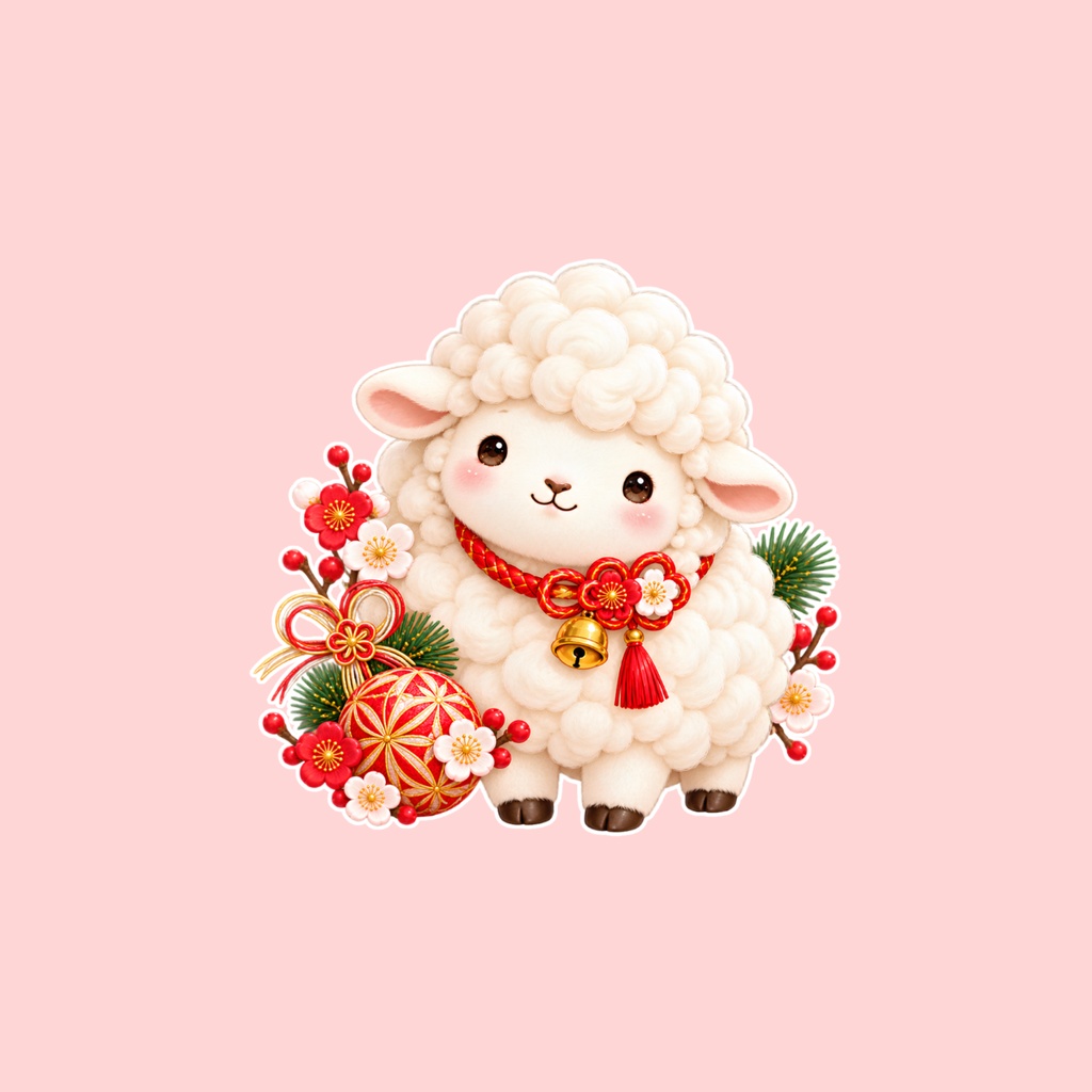 Lucky Sheep お正月ステッカー|羊×手毬×梅の和風デザイン