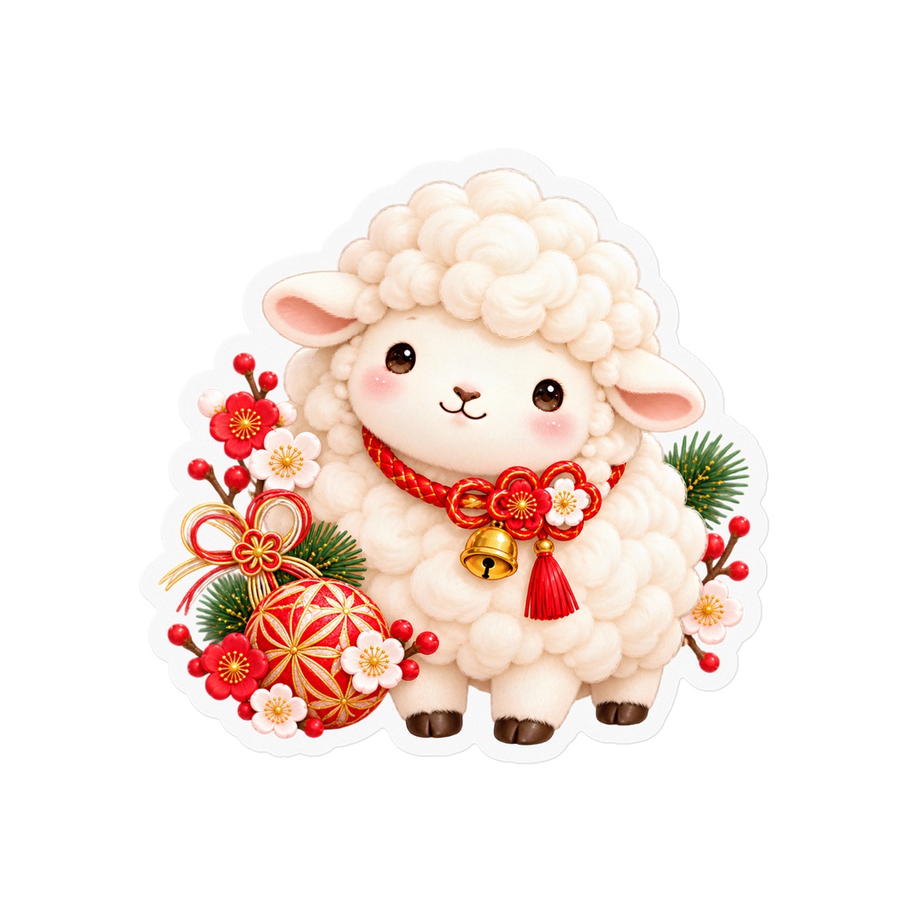 Lucky Sheep お正月ステッカー|羊×手毬×梅の和風デザイン