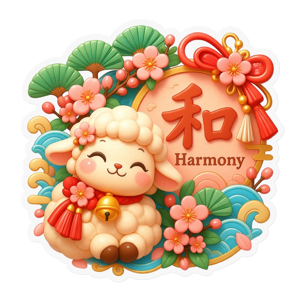 和 / Harmony｜福まねき羊の和風ステッカー｜梅・松・青海波の縁起物デザイン
