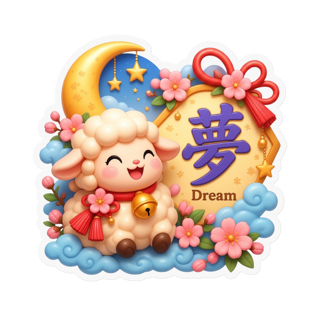 夢｜Dream ― 吉祥ひつじと桜・月夜の和風漢字アート