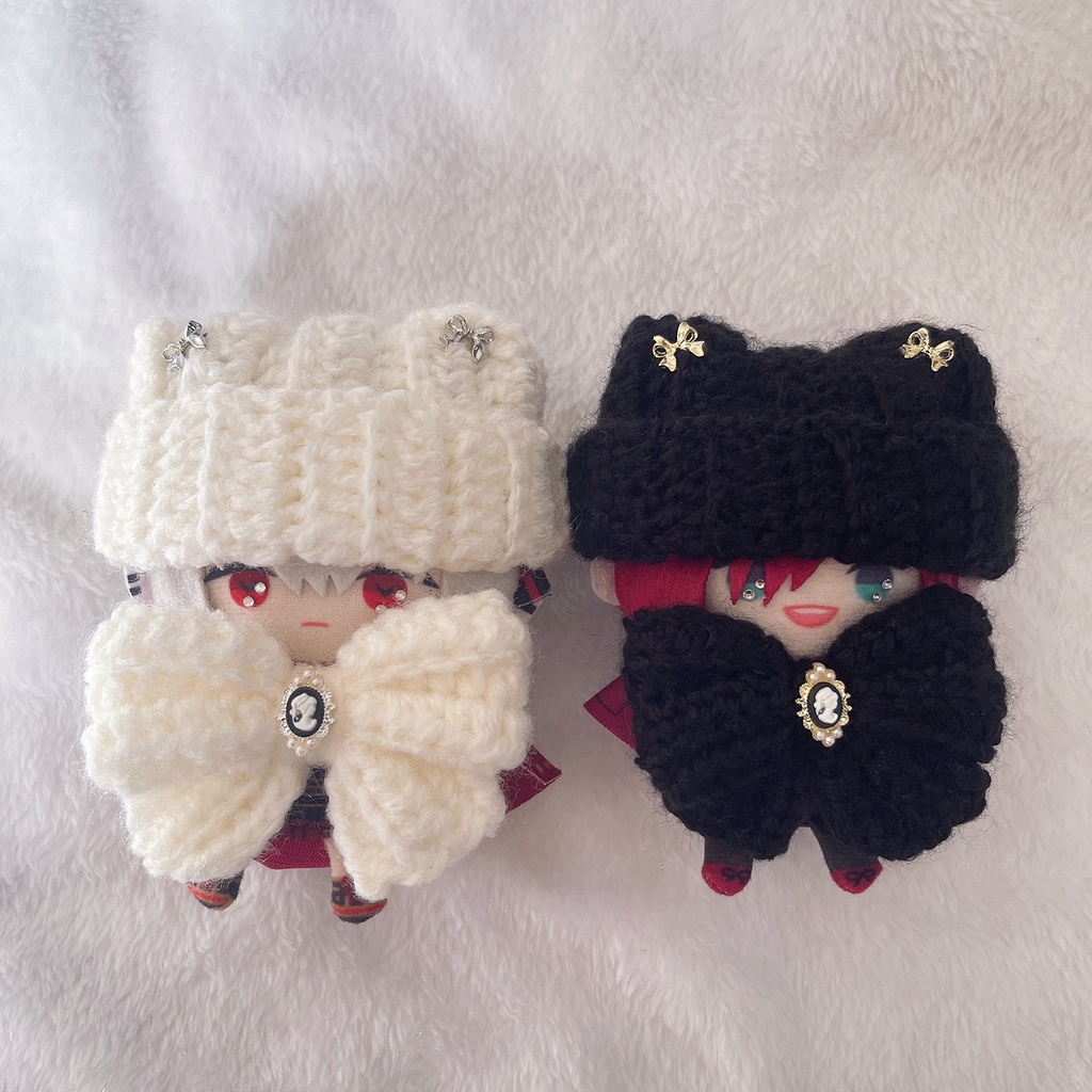 ぬい服 10cm ニット帽＆リボンセット 𓂃🪞 カメオリボンのおめかし帽子セット