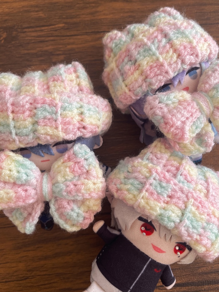 ぬい服 10cm ニット帽、リボンセット 𓂃🍬 淡色コットンキャンディ帽子