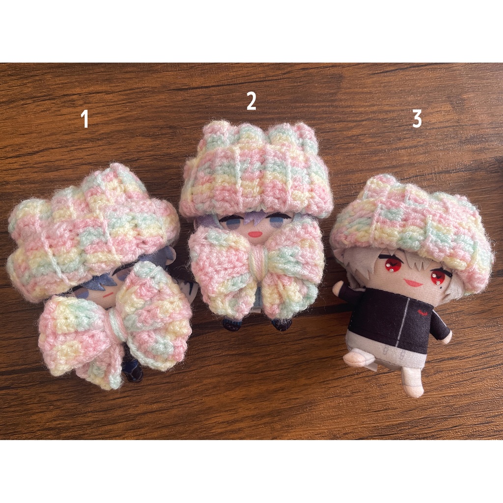 ぬい服 10cm ニット帽、リボンセット 𓂃🍬 淡色コットンキャンディ帽子