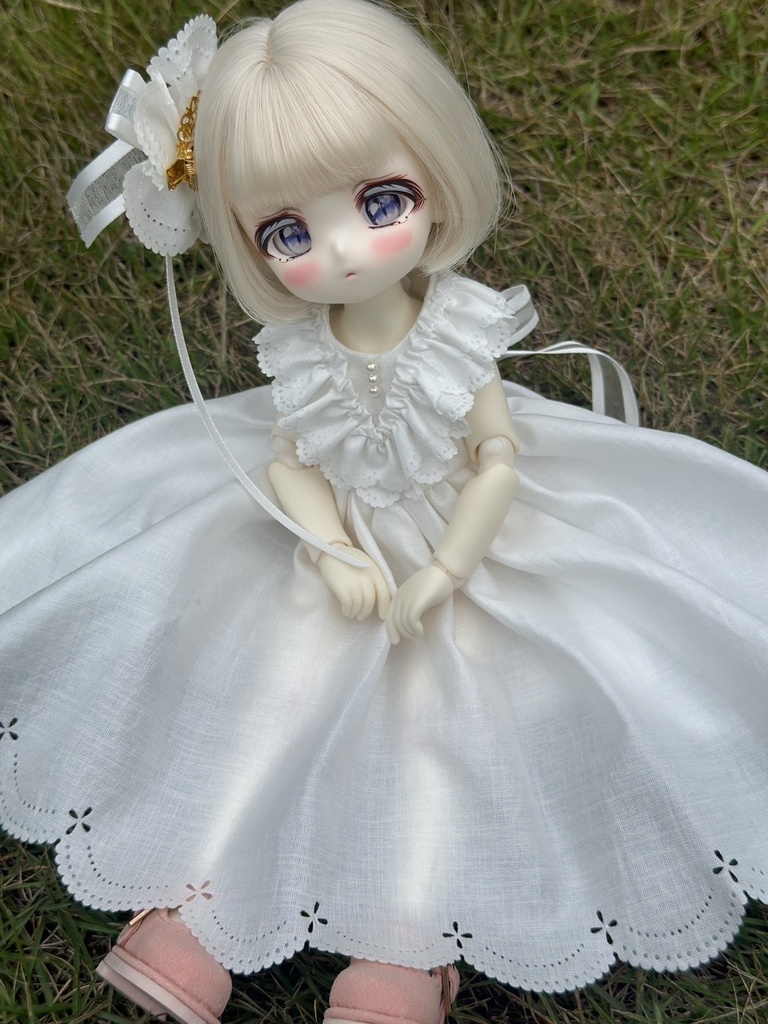 (30㎝用)スカラップドレス 幼SDピンク:tiny fox/imomo白:iMda30鉄紺