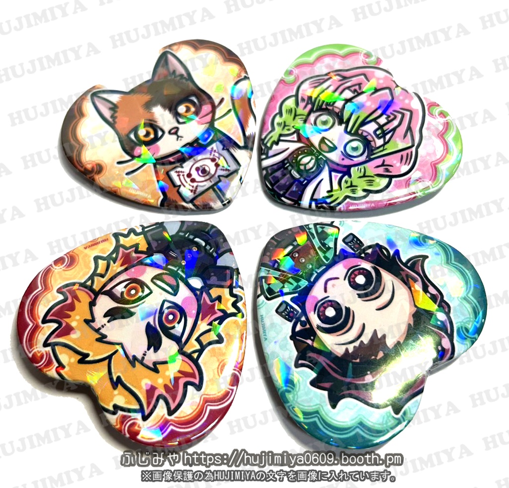 鬼滅の刃★ハート型ホログラム缶バッチ★かまぼこ隊と!