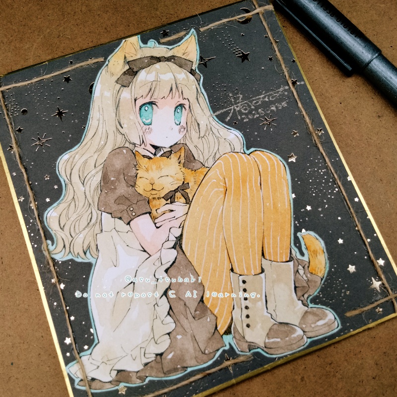 1/4色紙原画　ネコミミちゃんとチャトラネコ