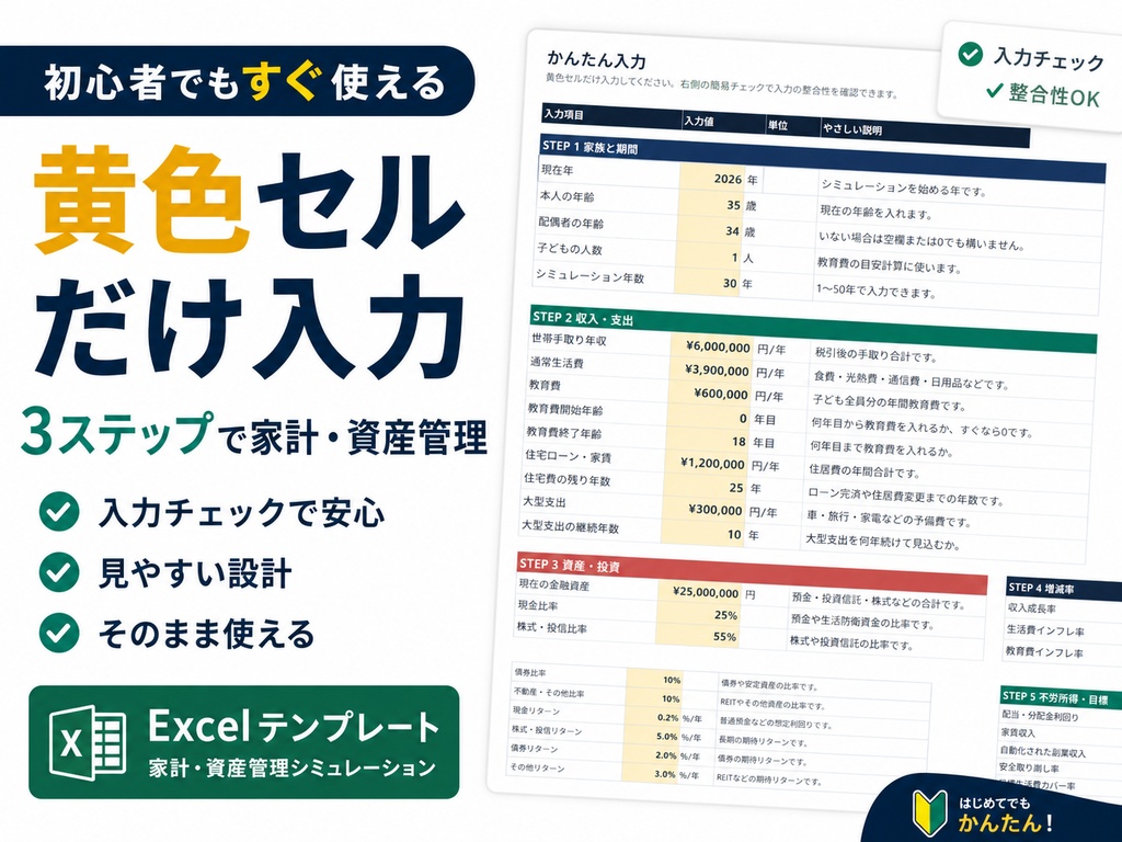 かんたん入力で使える 家計・資産形成シミュレーター Excelテンプレート
