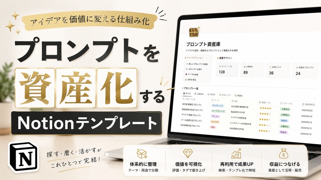 【Notionテンプレ】AI Prompt Hub|Claude/ChatGPT対応 鉄板プロンプト50個付き プロンプト管理ダッシュボード