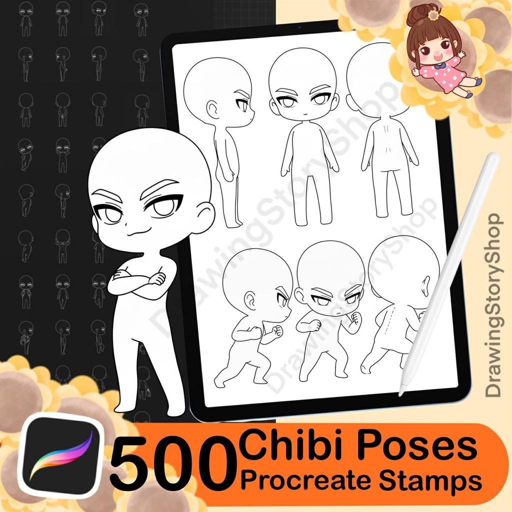 500 Chibi male Figure Poses , Procreate Chibi Base Poses, chibi character body stamps