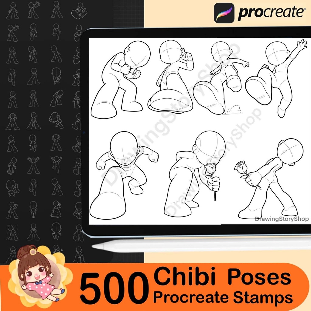 500 Procreate Chibi Perspective Pose Stamps – Extreme Foreshortening Anime Body Poses