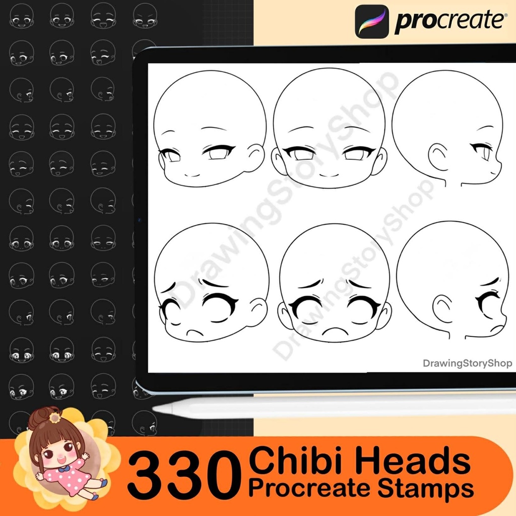 330 Procreate Chibi Girls Head Stamps | Procreate Chibi Girls Face Stamps | Procreate Chibi Stamps | Procreate Chibi Emotion Stamps