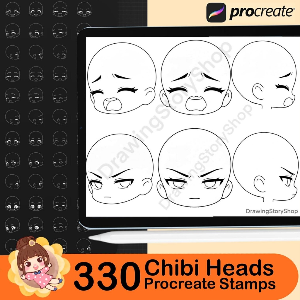 330 Procreate Chibi Girls Head Stamps | Procreate Chibi Girls Face Stamps | Procreate Chibi Stamps | Procreate Chibi Emotion Stamps