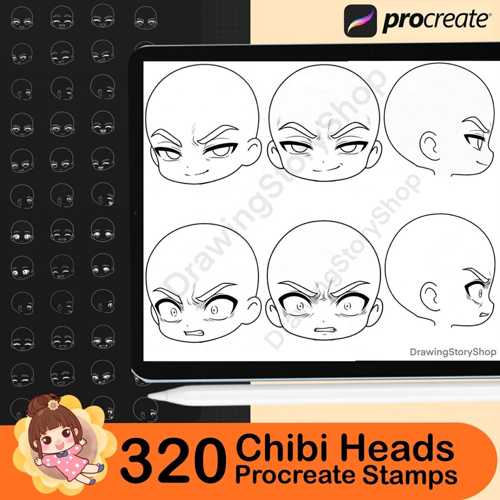 320 Procreate Chibi Boy Head Stamps, Chibi Face Stamp Brushes, Cute Chibi Emotion Stamps, Manga Anime Character Maker