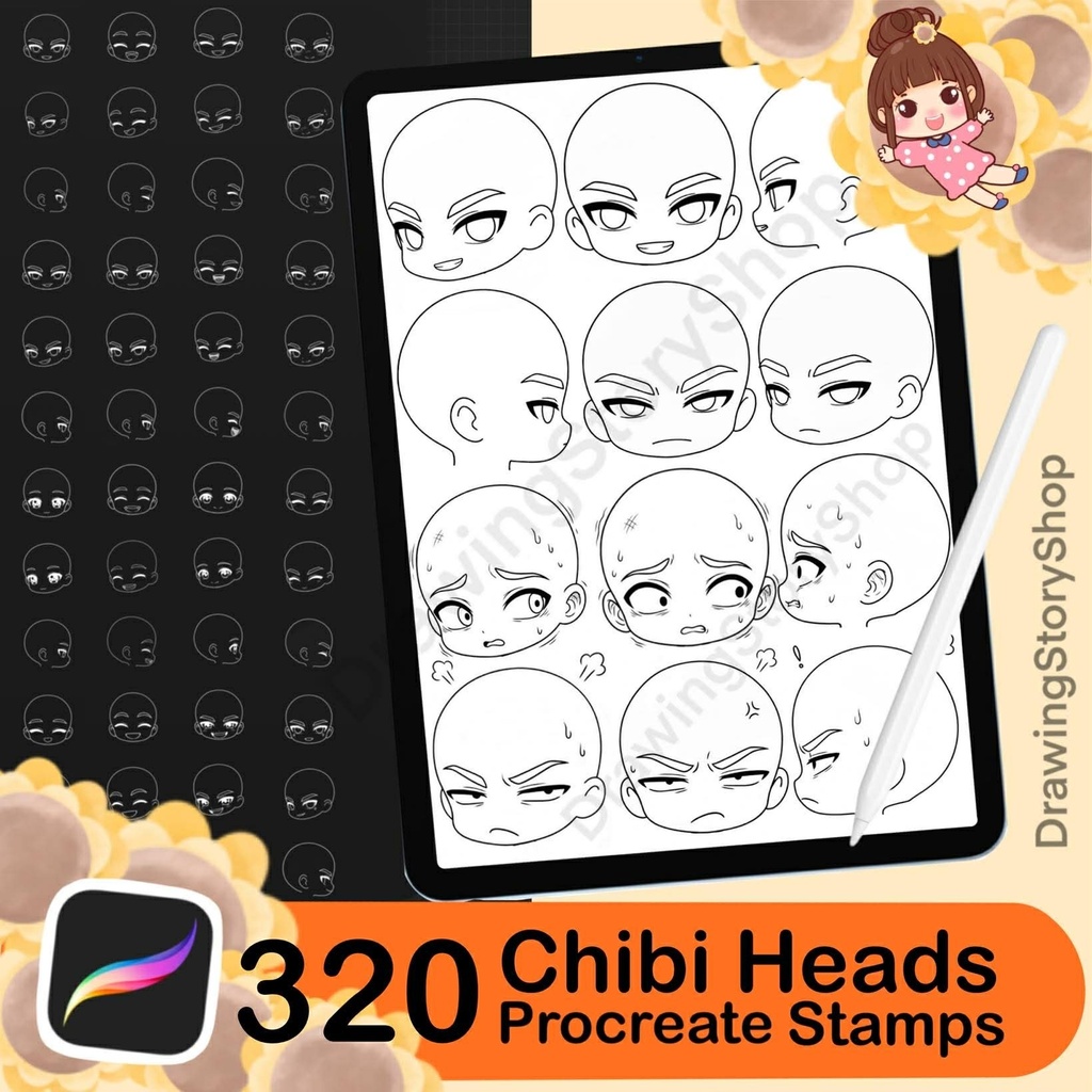 320 Procreate Chibi Boy Head Stamps, Chibi Face Stamp Brushes, Cute Chibi Emotion Stamps, Manga Anime Character Maker