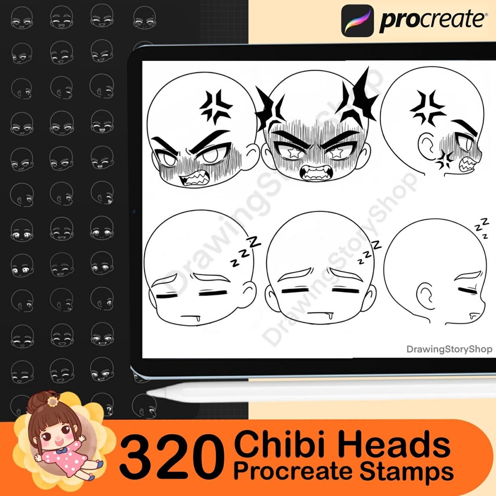 320 Procreate Chibi Boy Head Stamps, Chibi Face Stamp Brushes, Cute Chibi Emotion Stamps, Manga Anime Character Maker