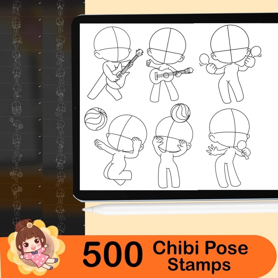 500 Base chibi Procreate body pose stamps ,Procreate chibi pose stamps , Procreate chibi body stamps , Chibi Procreate brushes
