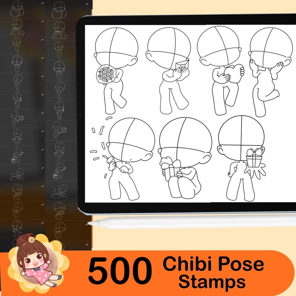 500 Base chibi Procreate body pose stamps ,Procreate chibi pose stamps ...