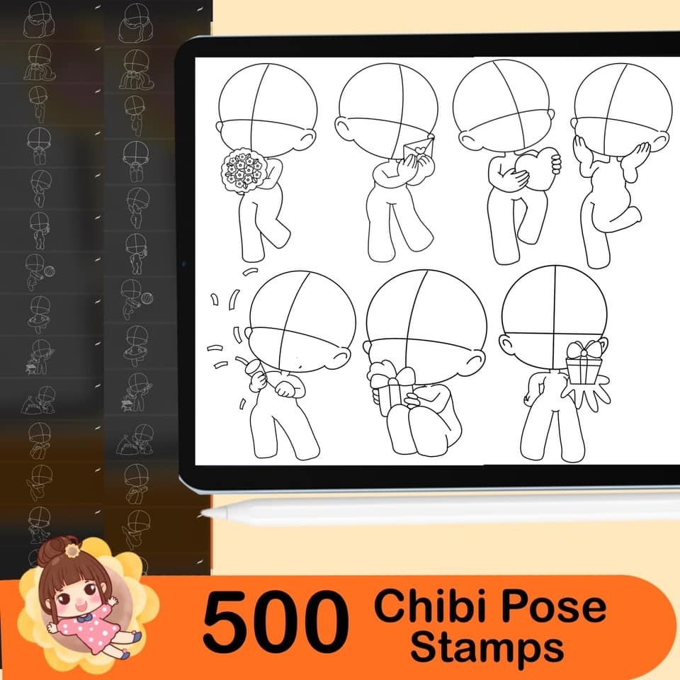 500 Base chibi Procreate body pose stamps ,Procreate chibi pose stamps , Procreate chibi body stamps , Chibi Procreate brushes