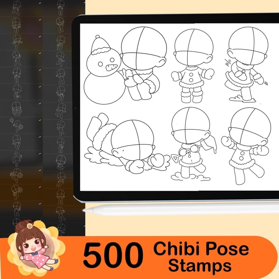 500 Base chibi Procreate body pose stamps ,Procreate chibi pose stamps , Procreate chibi body stamps , Chibi Procreate brushes
