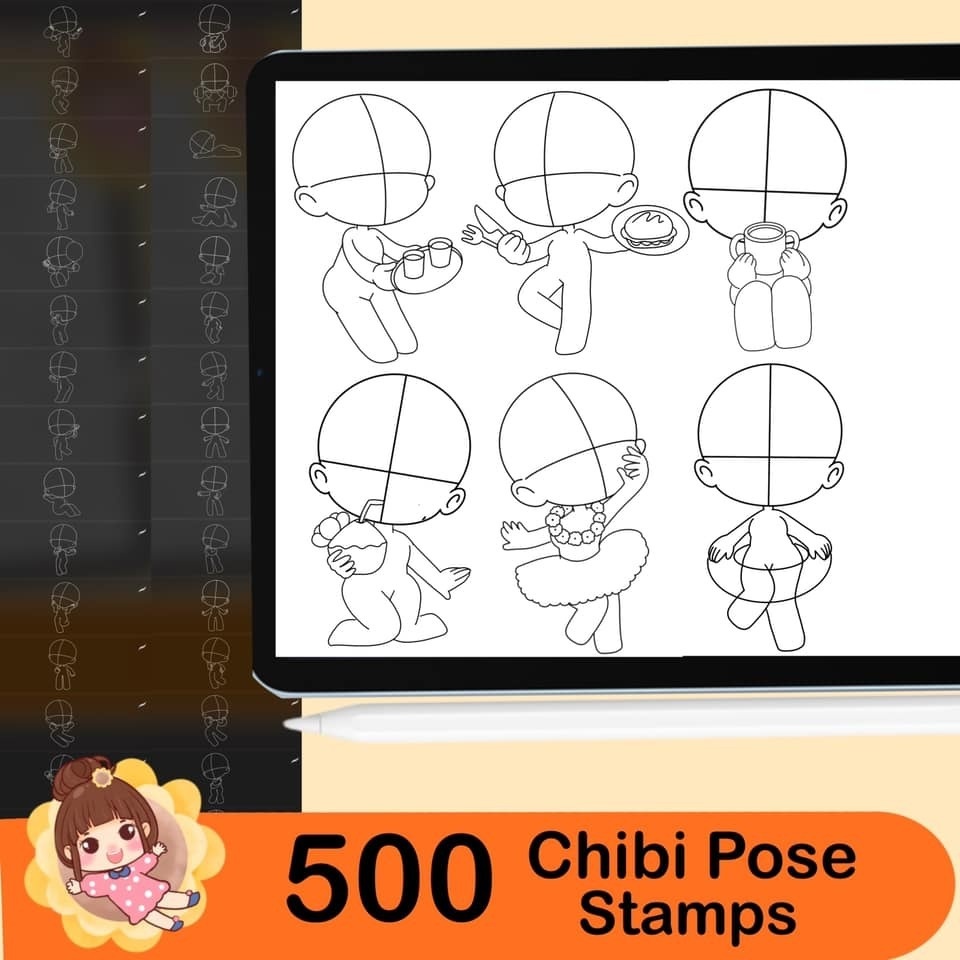 500 Base chibi Procreate body pose stamps ,Procreate chibi pose stamps , Procreate chibi body stamps , Chibi Procreate brushes