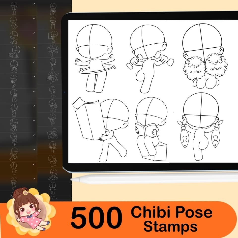 500 Base chibi Procreate body pose stamps ,Procreate chibi pose stamps , Procreate chibi body stamps , Chibi Procreate brushes