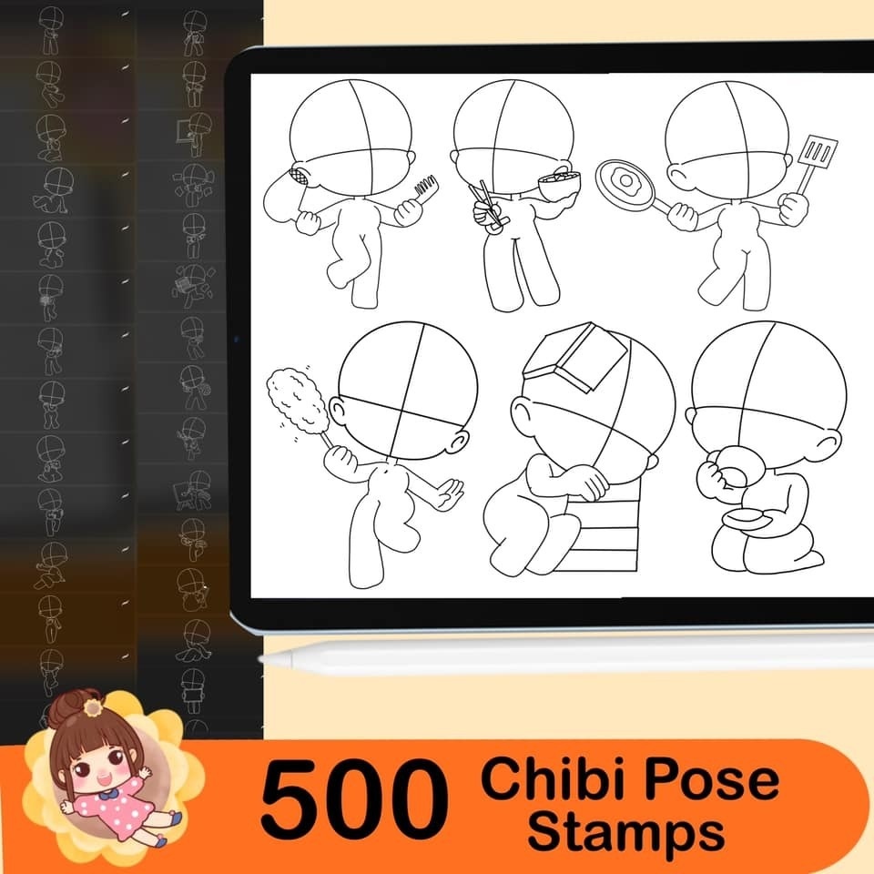 500 Base chibi Procreate body pose stamps ,Procreate chibi pose stamps , Procreate chibi body stamps , Chibi Procreate brushes