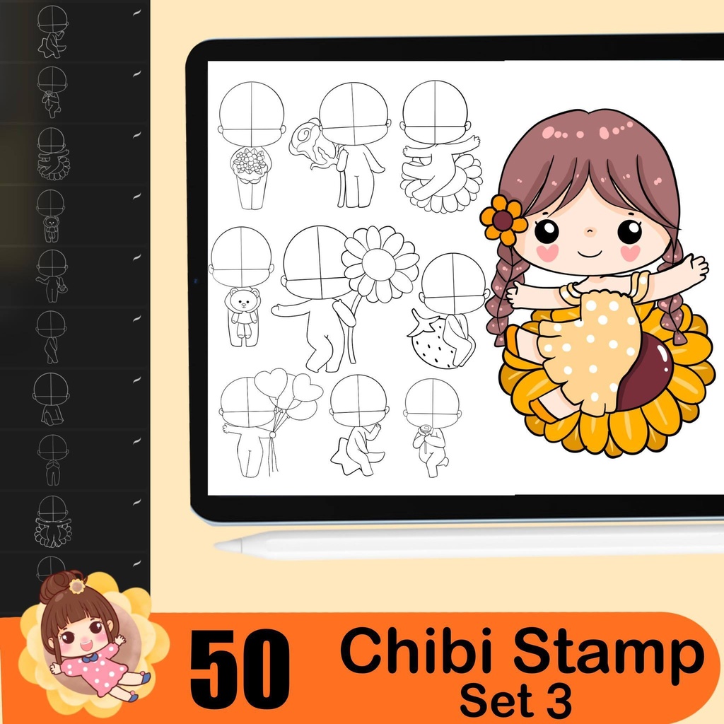 500+ Chibi stamp brushes, Chibi body guide, Chibi eye stamp, Chibi hair style, Anime Procreate Brushes Manga Comics