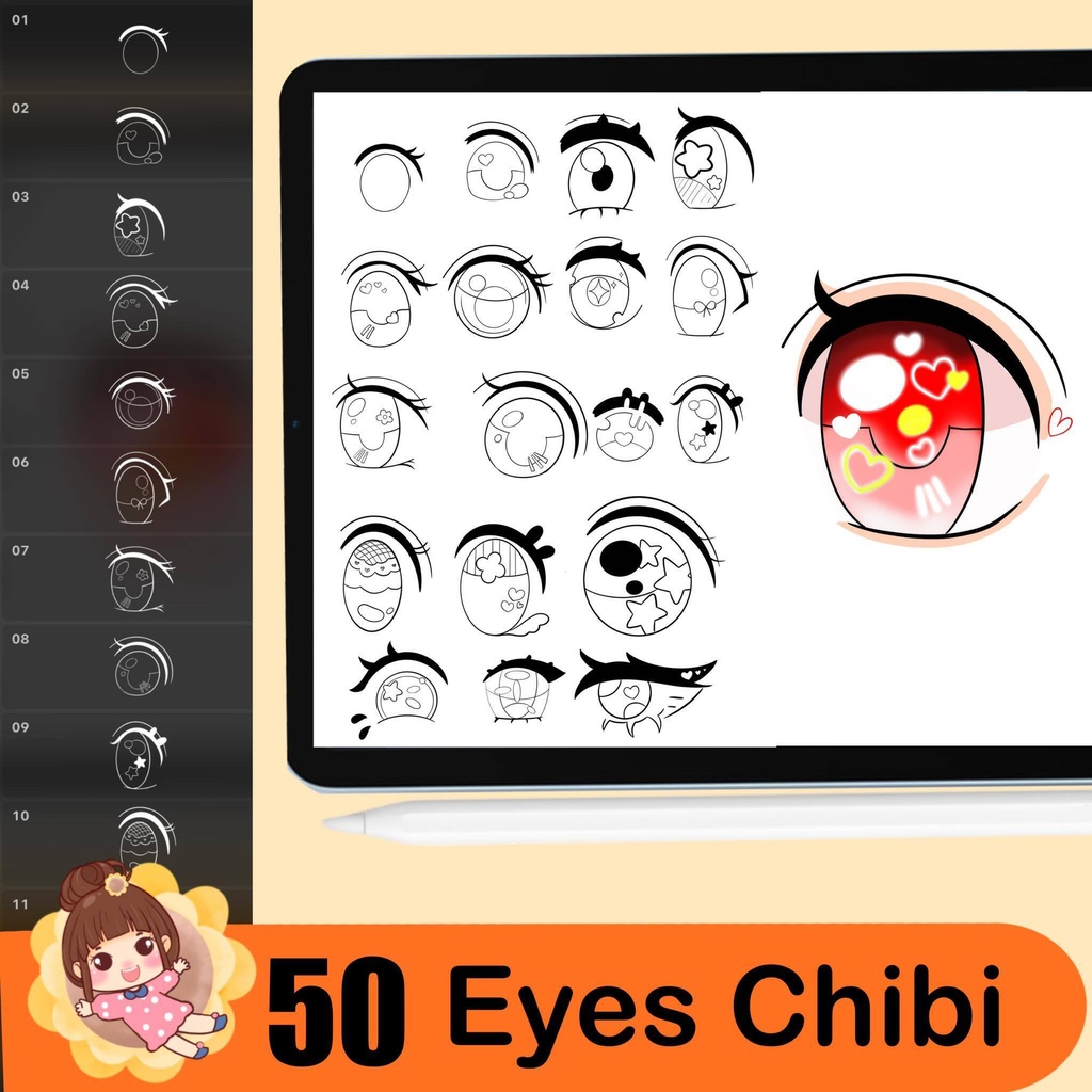 500+ Chibi stamp brushes, Chibi body guide, Chibi eye stamp, Chibi hair style, Anime Procreate Brushes Manga Comics