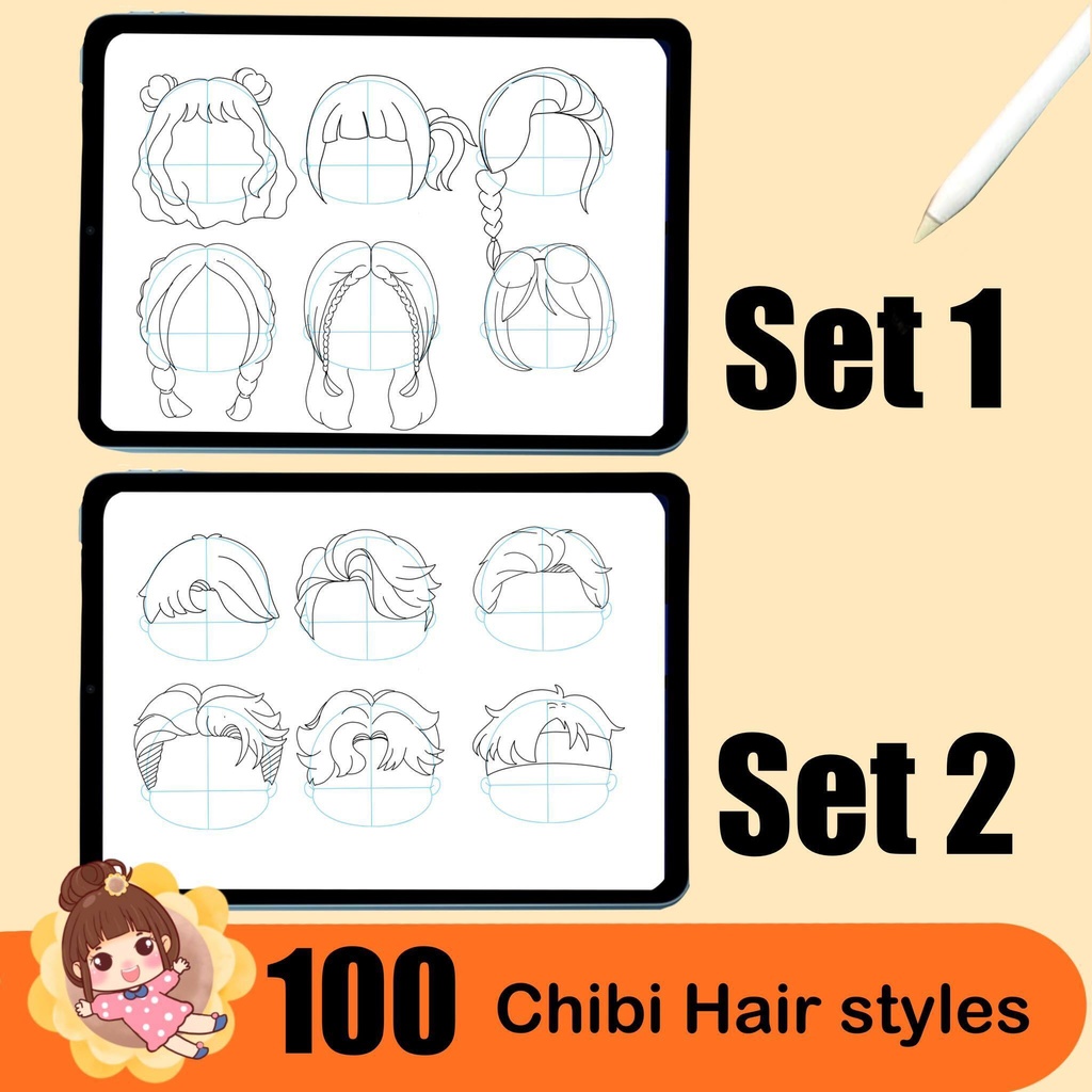 500+ Chibi stamp brushes, Chibi body guide, Chibi eye stamp, Chibi hair style, Anime Procreate Brushes Manga Comics