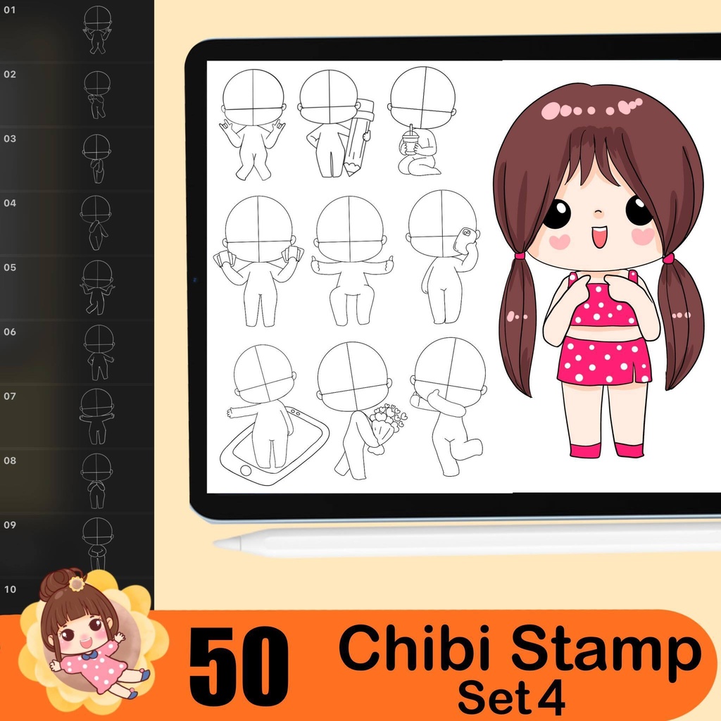 500+ Chibi stamp brushes, Chibi body guide, Chibi eye stamp, Chibi hair style, Anime Procreate Brushes Manga Comics