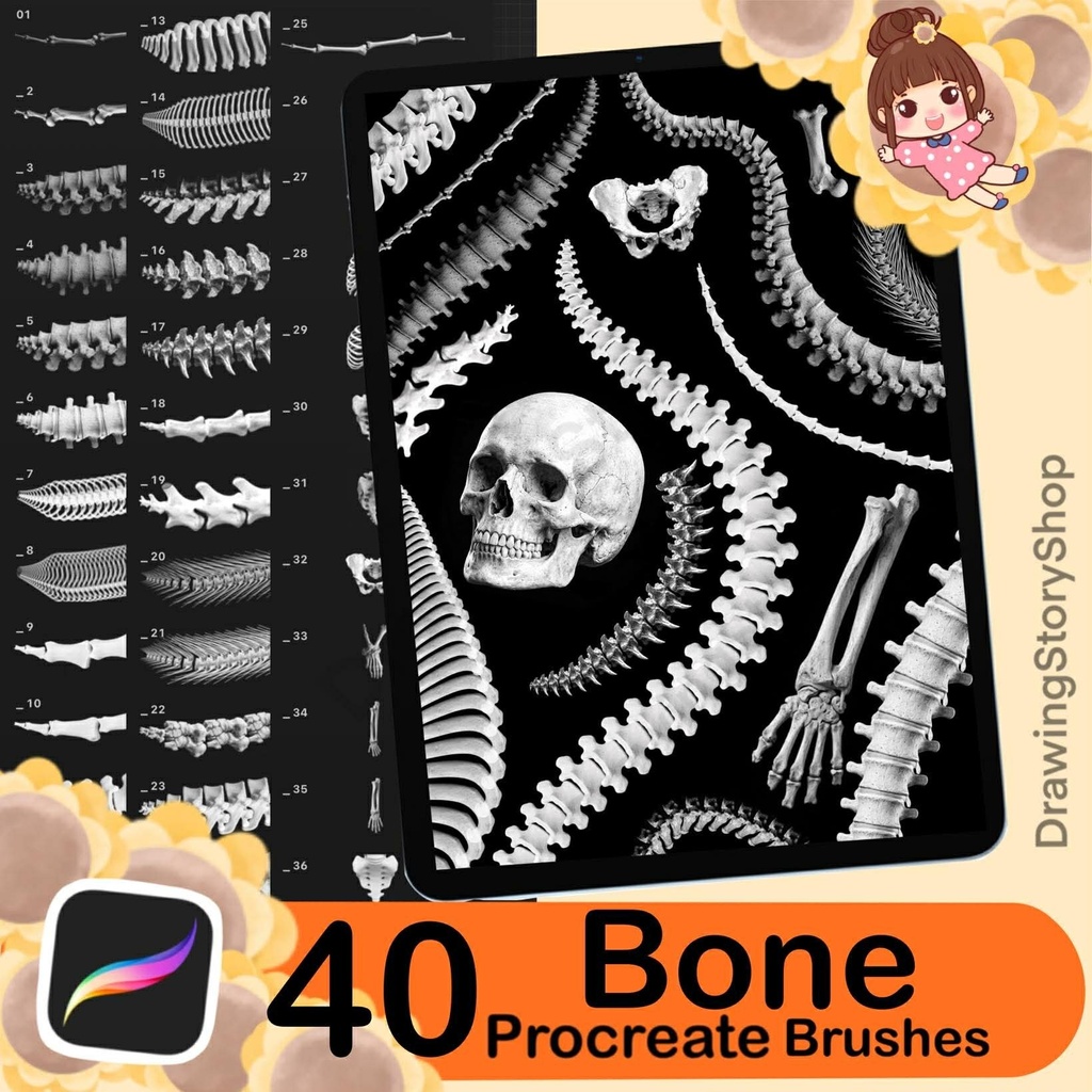 40 Procreate Bone & Skeleton Stamp Brushes – Skull, Spine, Anatomy Reference for Dark Art and Gothic Illustration