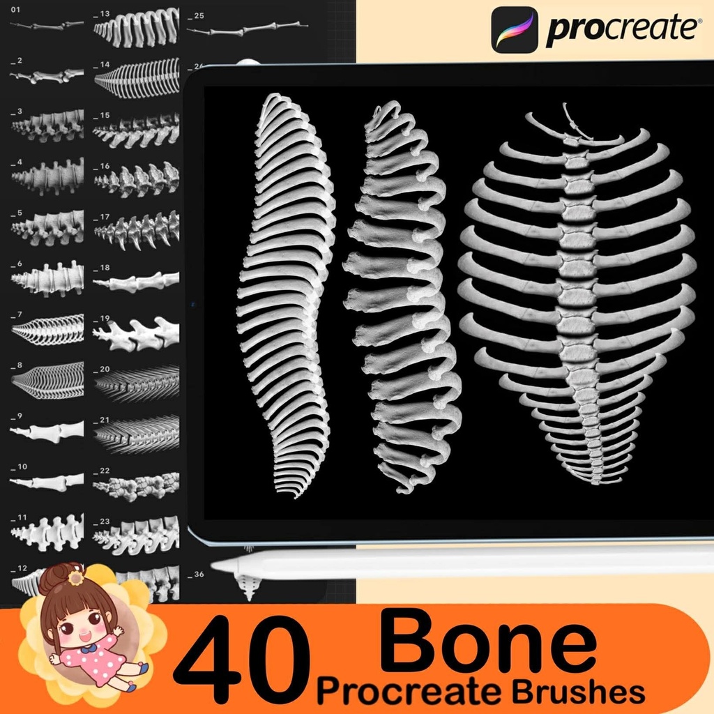 40 Procreate Bone & Skeleton Stamp Brushes – Skull, Spine, Anatomy Reference for Dark Art and Gothic Illustration